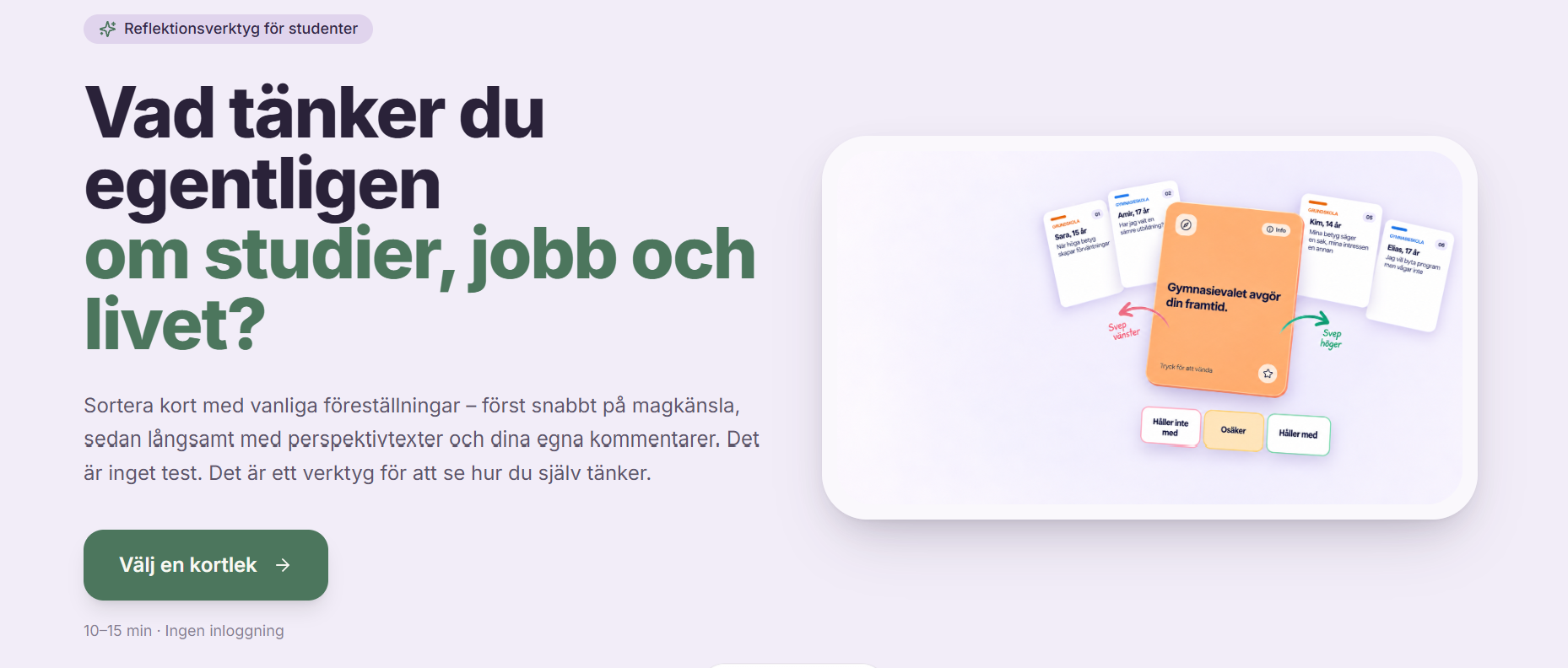 Vägledningswipes kortlek för reflektion om studier, jobb och livet